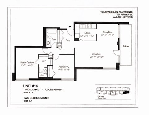 Floor plan for 2 beds, 1 bath, 987 sqft